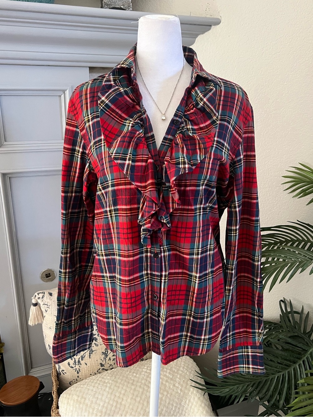 Gorgeous Vintage Lauren Ralph Lauren Red Navy Plaid Ruffle Button-Down Shirt
